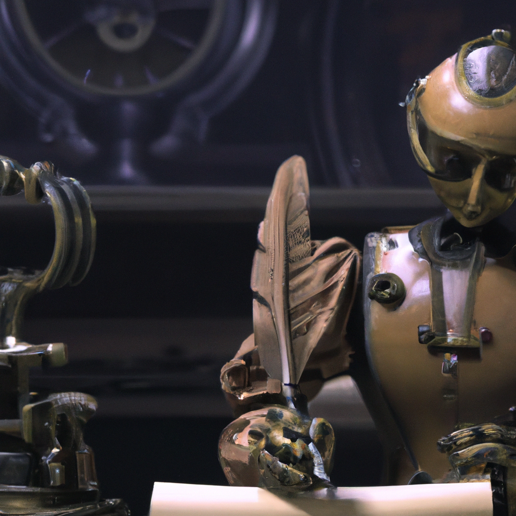 Ancient robot ghost writer with a quill